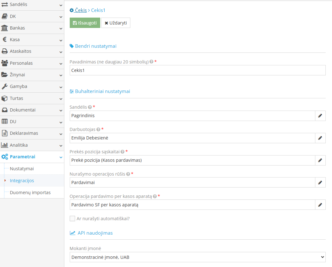 Čekis cash register integration parameters in Site.pro